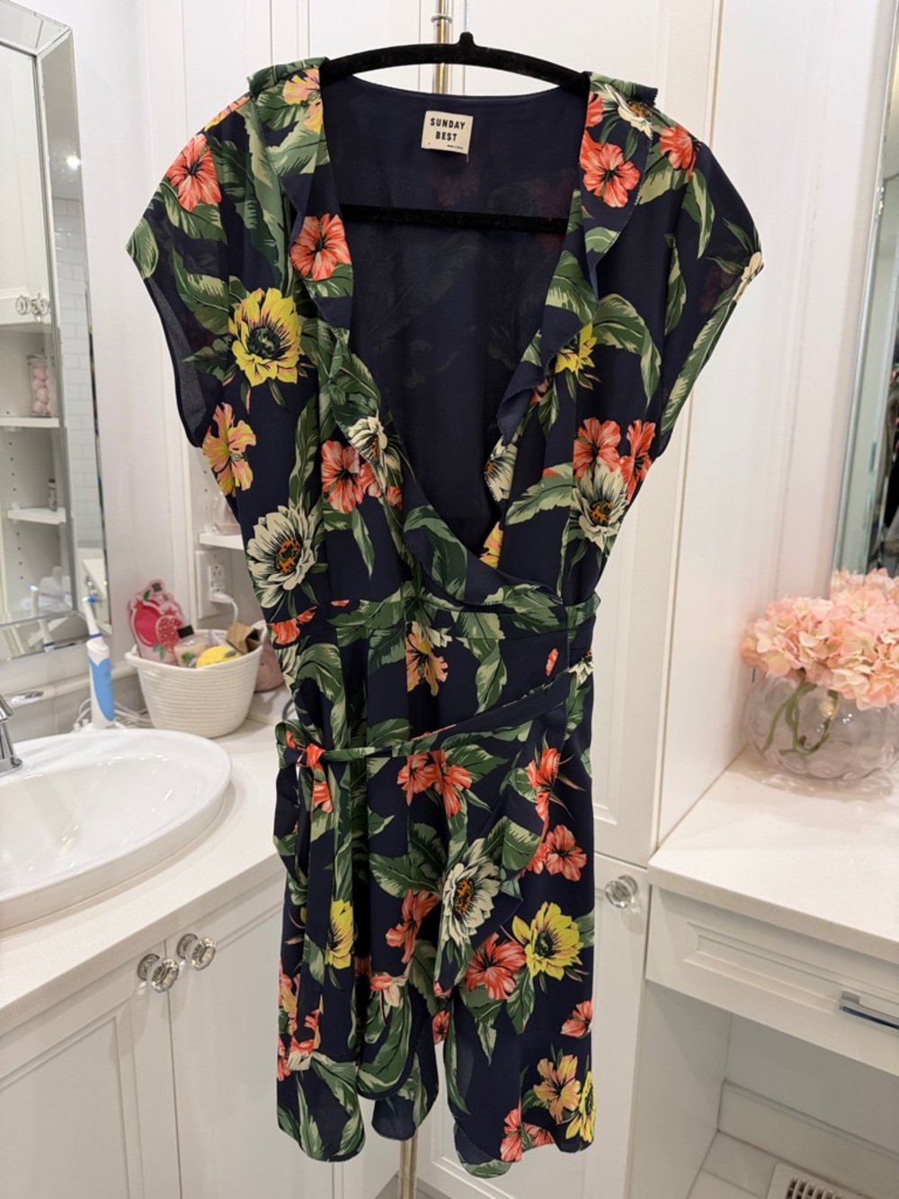 Sunday Best Navy Floral Wrap Romper with Coral and Yellow Blooms